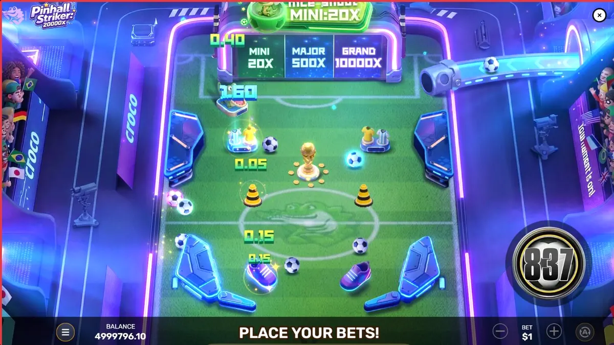 Tampilan visual neon stadion dalam permainan Pinball Striker 20,000x